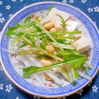 水煮大豆と豆腐と水菜と大根のサラダ